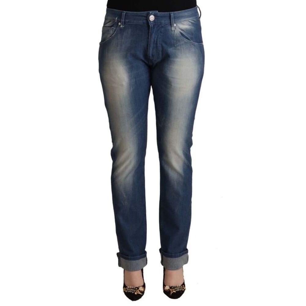 Acht Blue Washed Mid Waist Folded Hem Skinny Women's Jeans
